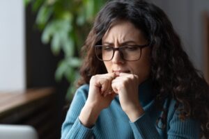 deadline stress young worried anxious businesswoman in glasses dealing with work anxiety adhd